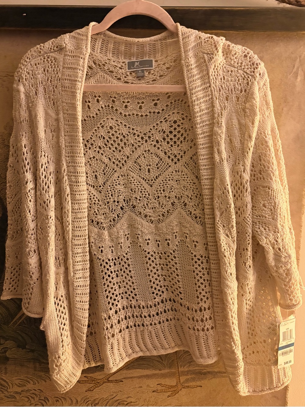 * New JM Collection Flax Open-Crochet Boho Cardigan SZ XL *
